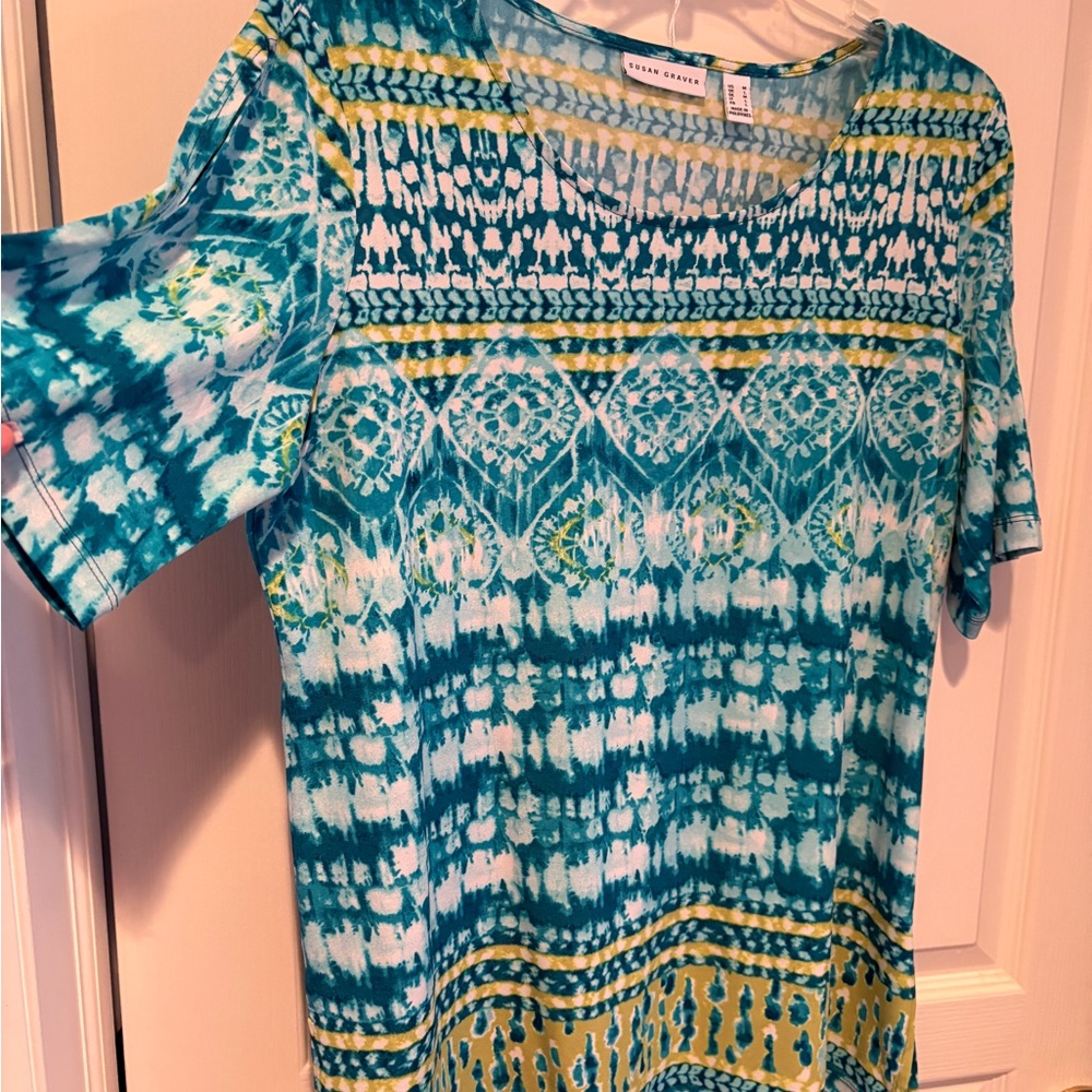 Susan Graver Teal and Yellow Patterned Short Sleeve Top